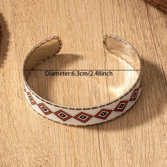 Boho Chic Southwestern Cuff Bracelet Aztec Geometric White & Brown Jewelry - Picture 2 of 2